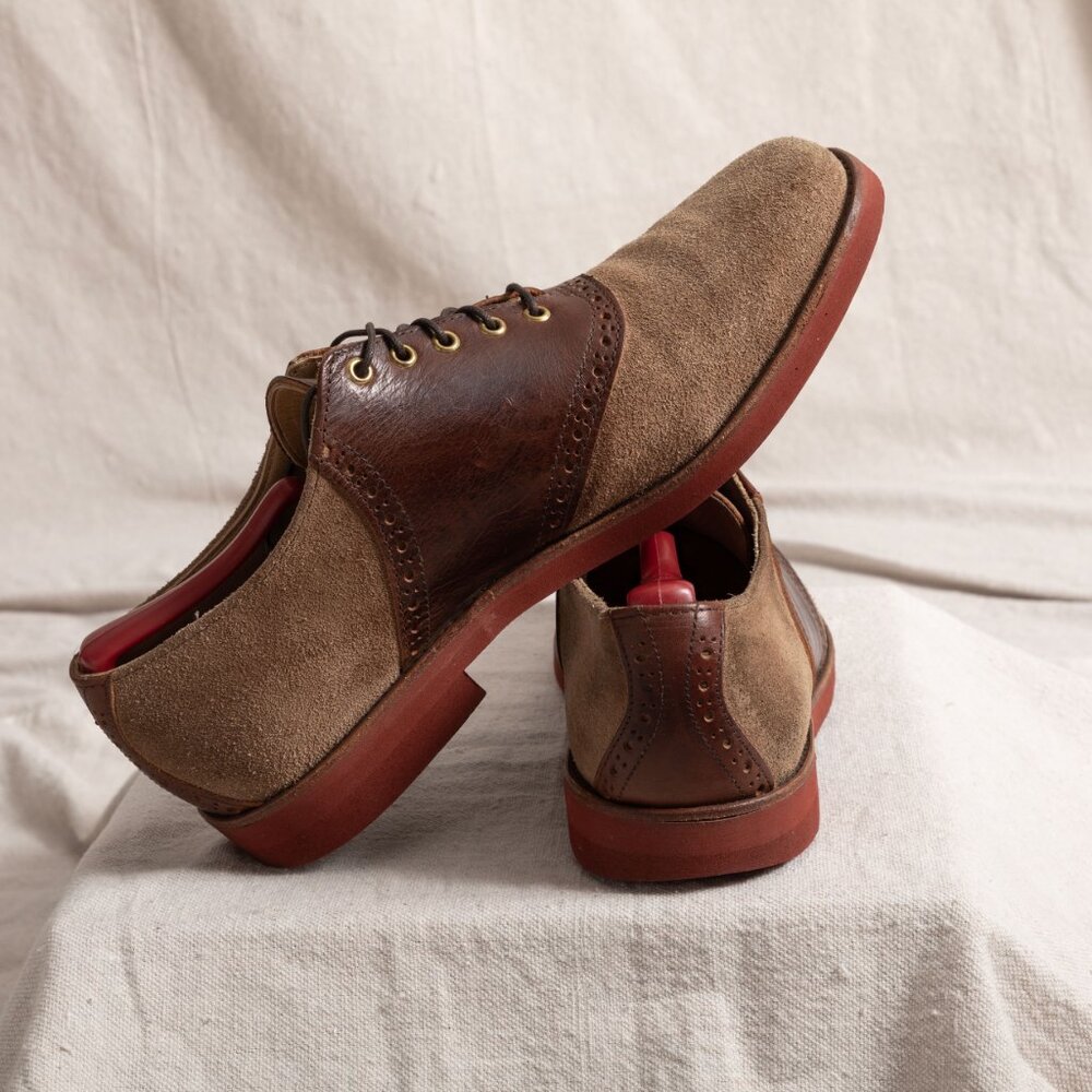 Vintage 90s Cole Haan Suede Saddle Oxford Brogue Shoes Tan Brown 10M Prep Trad - Picture 9 of 13